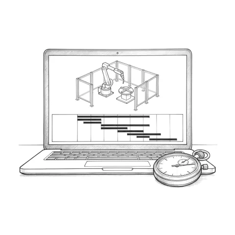 A laptop showing a simulated robotic welding cell and a cycle time bar chart, with a stopwatch beside it.
