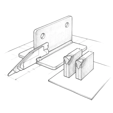 A fillet weld gauge set against the seam of a welded sheet-steel bracket, with two etched cross-section samples showing the weld profile beside it.