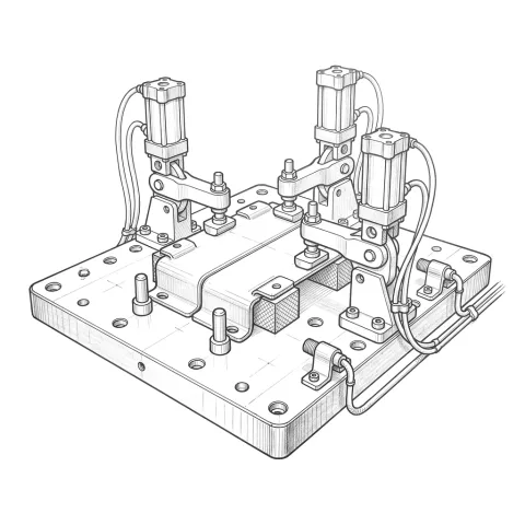 Robotic welding fixture on a steel base plate: locating pins, copper support blocks, pneumatic clamps holding a pressed steel part, and wired part-presence sensors.