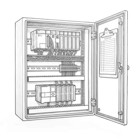 An open control cabinet: an older, bulky PLC with its I/O modules on the upper rail, a new compact PLC on the lower rail, and an I/O list on a clipboard inside the door.