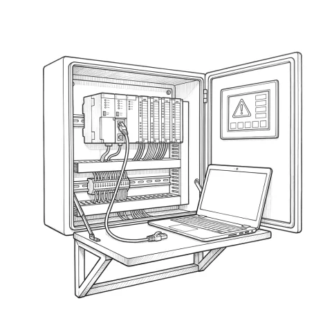 An open electrical panel with a PLC rack, a laptop connected to the CPU by a network cable, and an alarm symbol on the operator panel in the door.