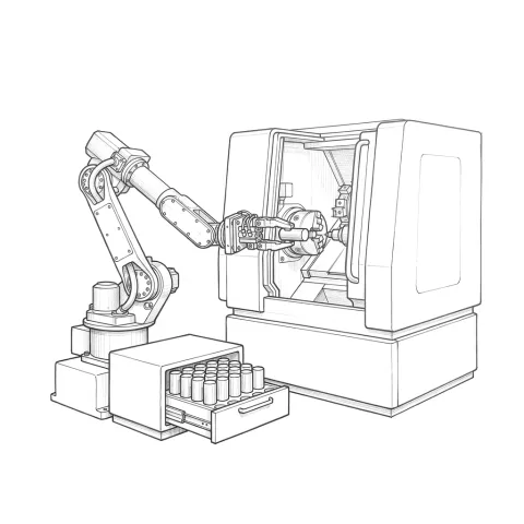 A six-axis robot reaching through the open door of a CNC lathe to place a raw blank at the chuck, with a drawer-type buffer of blanks in front of it.