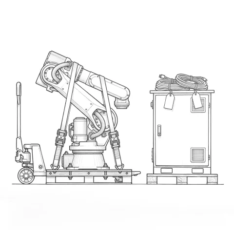 A six-axis robot folded into its transport pose and strapped to a steel pallet with a pallet truck under it, beside a controller cabinet with its cables coiled and tagged.