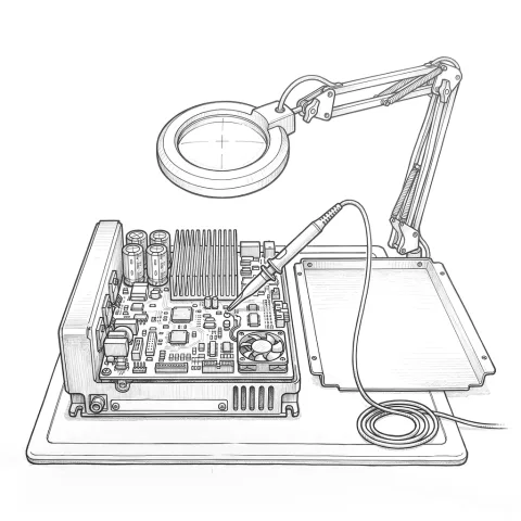 An opened robot servo drive on a repair bench, an oscilloscope probe clipped to a test point on its board and a magnifier lamp above it.