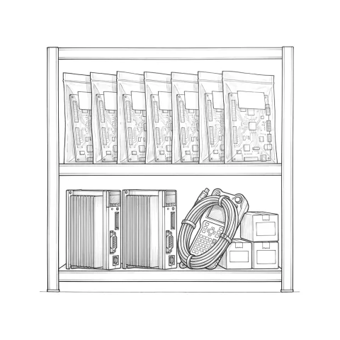 Spare parts shelf: robot controller boards in anti-static bags on top, servo drives, a teach pendant with its cable coiled and part boxes below.