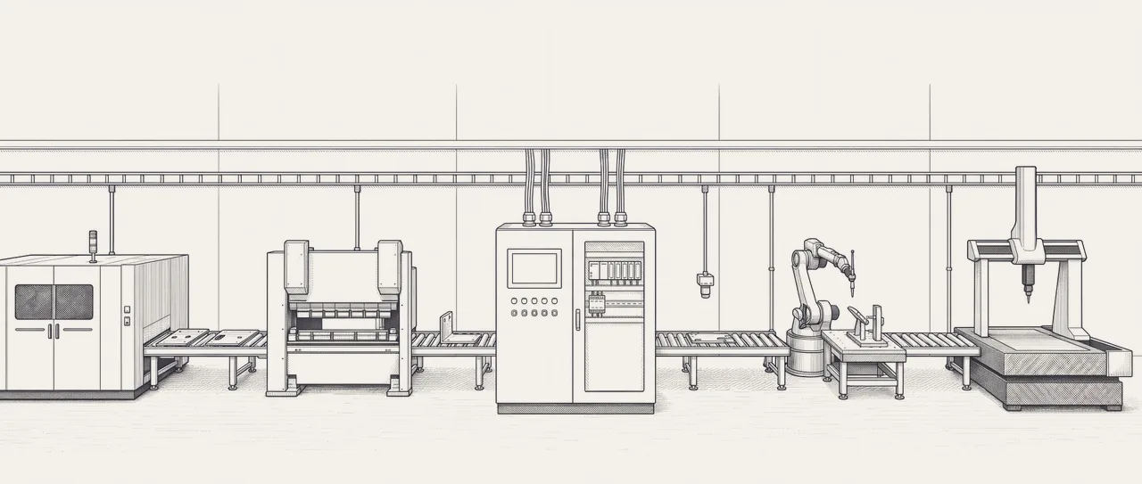 The same production line with a control cabinet in the middle; cables run from the cabinet to the ceiling cable tray and on to every machine.