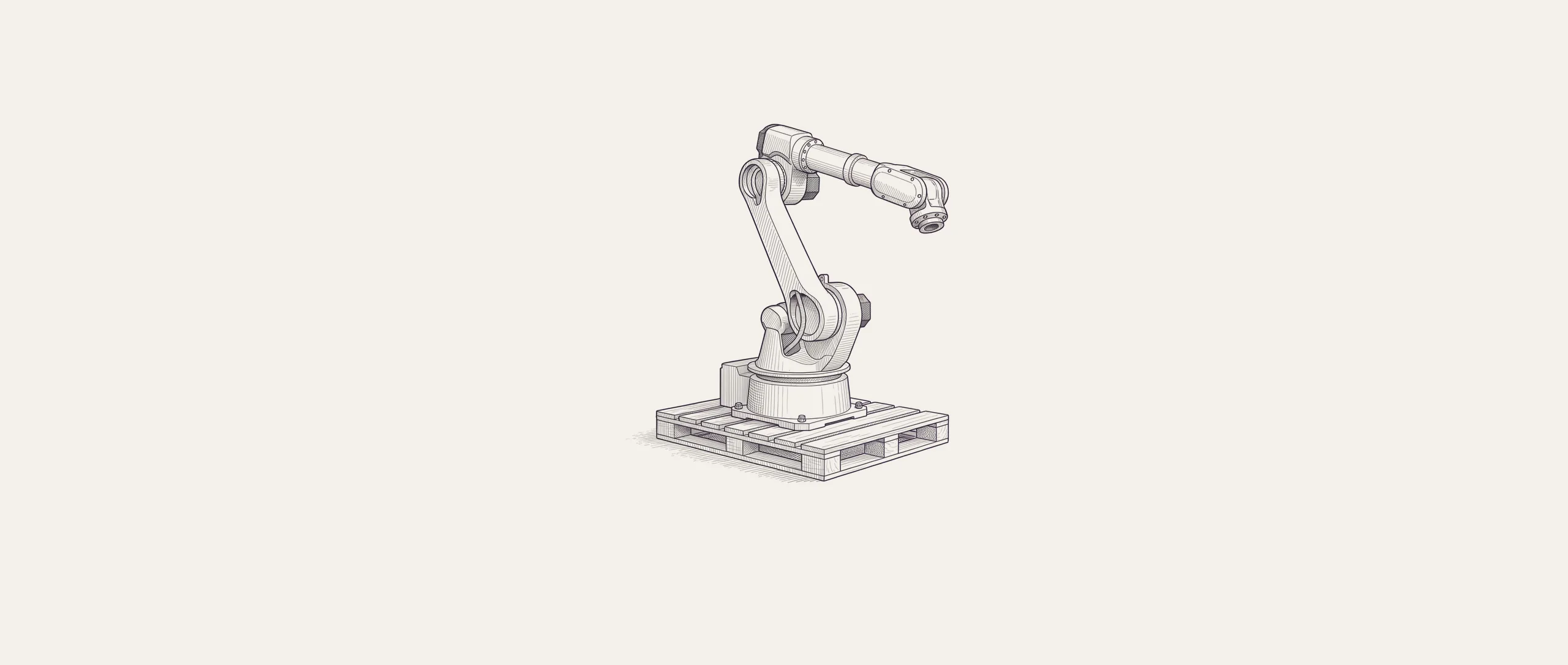 A six-axis industrial robot standing on a wooden shipping pallet.