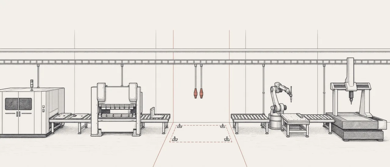 A production line with an empty slot for a new machine: line machines on both sides, a dashed footprint in the middle and cables waiting to be connected.